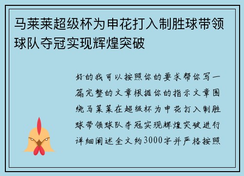 马莱莱超级杯为申花打入制胜球带领球队夺冠实现辉煌突破