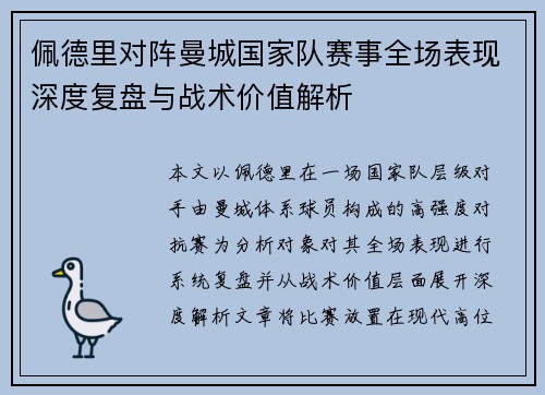 佩德里对阵曼城国家队赛事全场表现深度复盘与战术价值解析
